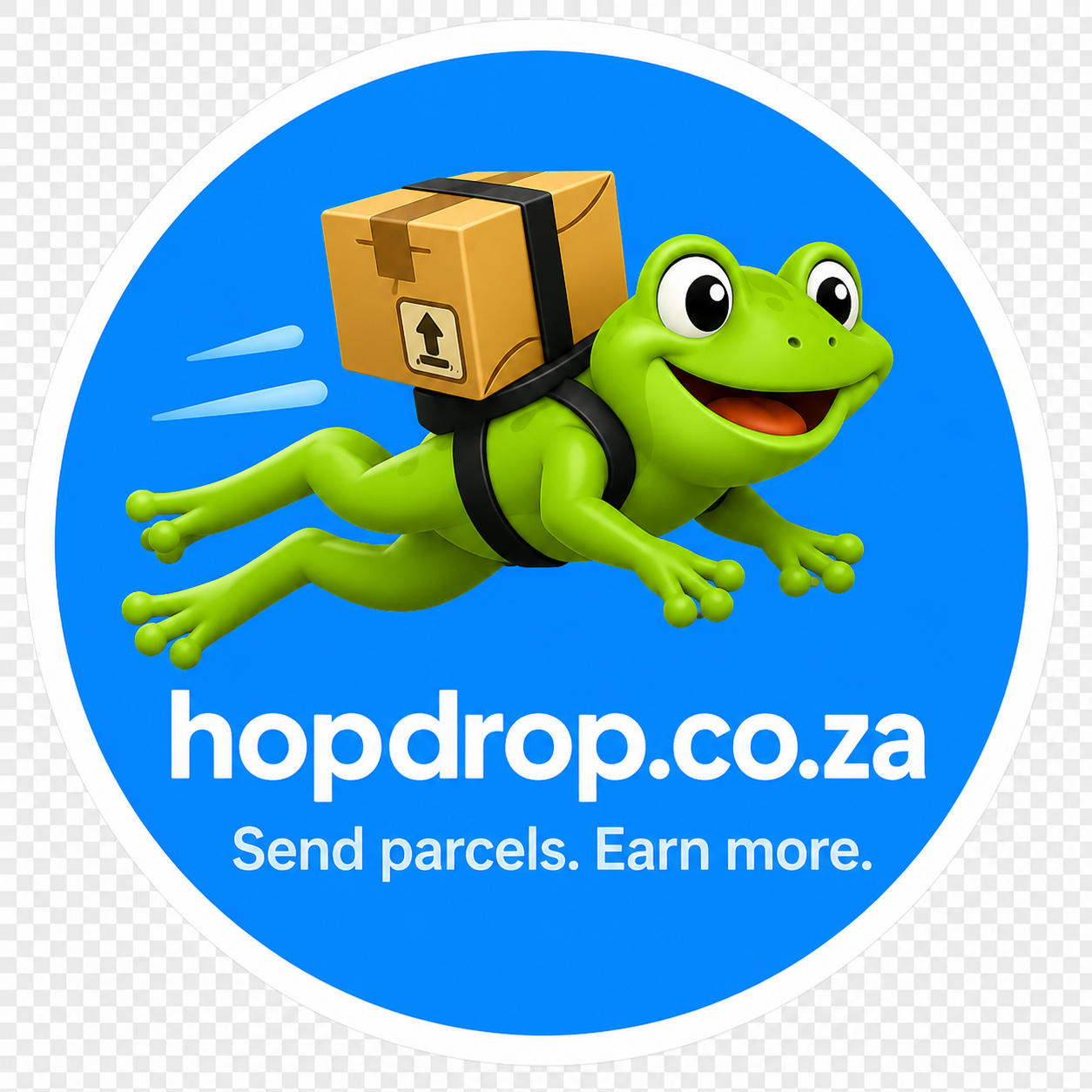 HopDrop car sticker — leaping frog with parcel, hopdrop.co.za